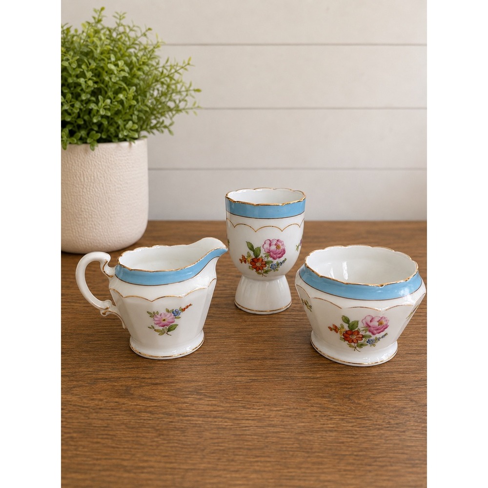 Vintage Noritake China Hand Painted Floral Creamer Sugar Egg Cup‎ Set Blue Gold